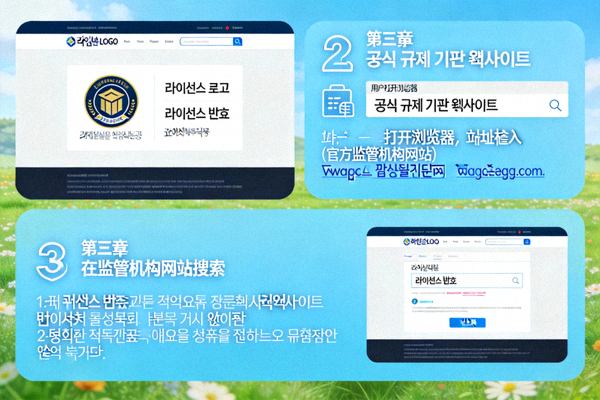 해외 카지노 사이트 푸터에서 라이선스 로고와 번호를 찾고 공식 규제 기관 웹사이트에서 확인하는 과정을 보여주는 애니메이션 가이드