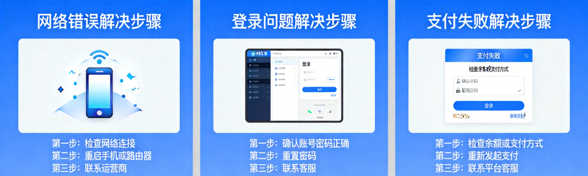 모바일 사용 시 발생할 수 있는 네트워크 오류, 로그인 문제, 결제 실패 등의 해결 단계를 설명하는 가이드 배너