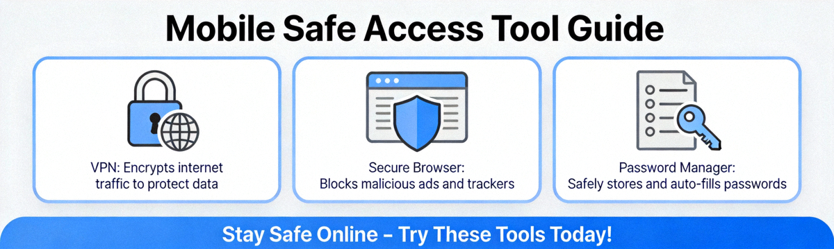 모바일에서 안전한 접속을 위한 VPN, 보안 브라우저, 비밀번호 관리자 등 도구들을 소개하는 인포그래픽 배너