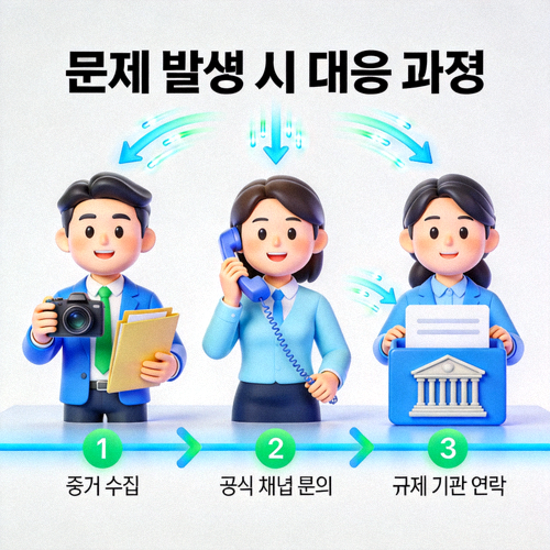 문제 발생 시 증거 수집, 공식 채널 문의, 규제 기관 연락 등의 단계적 대응 과정을 순서도로 나타낸 애니메이션