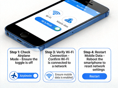 스마트폰 화면에 Wi-Fi와 모바일 데이터 아이콘, 비행기 모드 토글 버튼이 표시되어 있고, 네트워크 문제 해결 단계를 시각적으로 설명하는 다이어그램