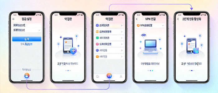 스마트폰 설정 화면을 보여주며 잠금 설정, 앱 권한, VPN 연결, 2단계 인증 활성화 등의 보안 단계를 애니메이션으로 설명하는 GIF